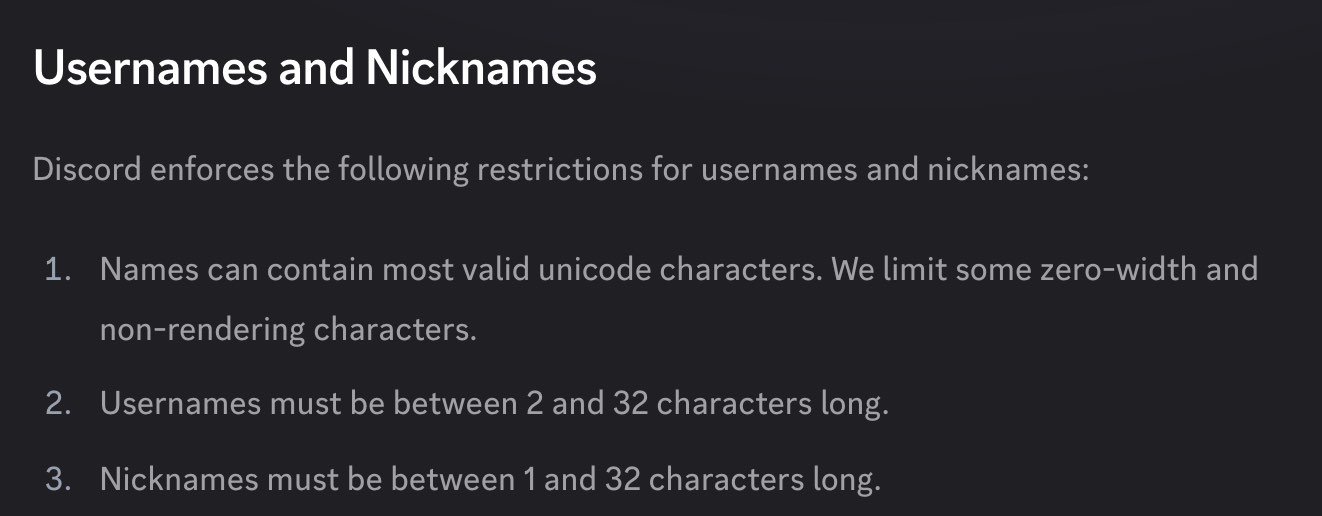 Discord's developer documentation, User Resource page, on 23 October 2026: the Usernames and Nicknames section saying names can contain most valid Unicode characters and nicknames must be 1 to 32 characters long