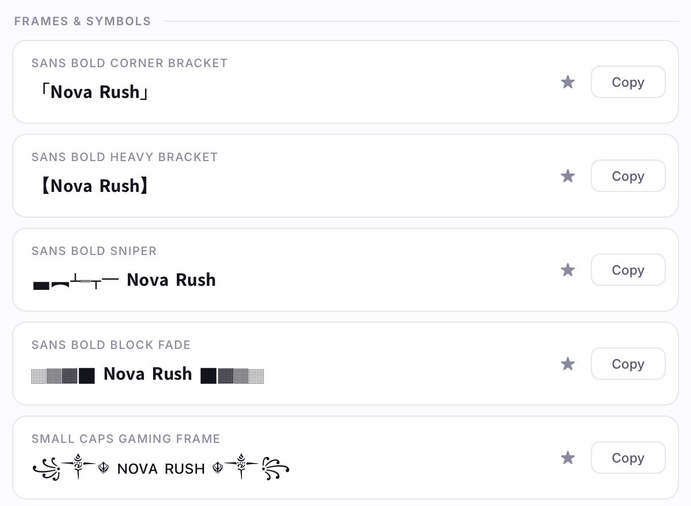 Frames and symbols styles in the Fonts Mania Discord font generator in WebKit 26.5 on macOS on 23 October 2026: corner bracket, heavy bracket, sniper, block fade and gaming frames around Nova Rush, with no empty boxes