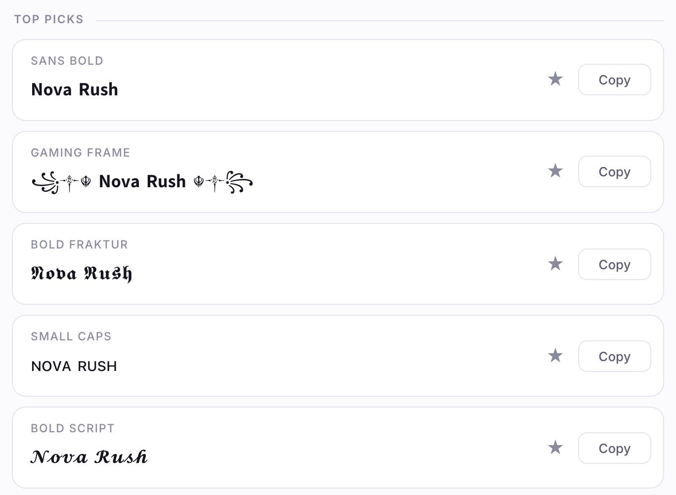 Top picks in the Fonts Mania Discord font generator in Chromium 151 on macOS on 23 October 2026: Sans Bold, Gaming Frame, Bold Fraktur, Small Caps and Bold Script versions of Nova Rush, with no empty boxes
