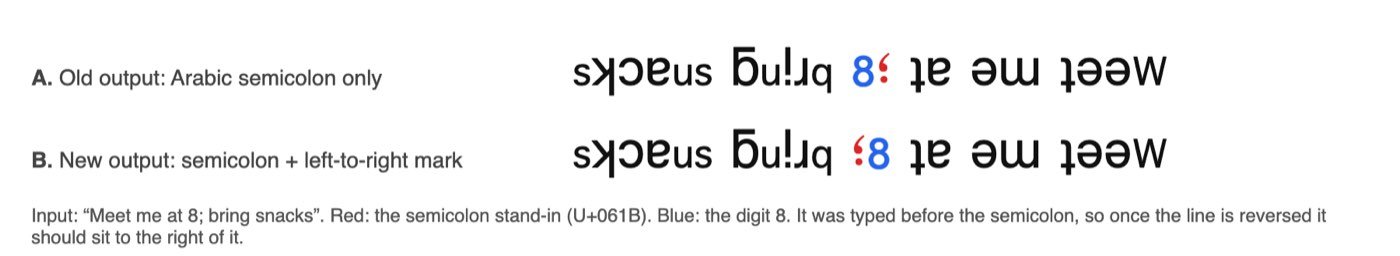 Our bidi test in Chromium on 23 October 2026: line A shows the blue 8 drawn to the left of the red Arabic semicolon, the wrong way round for the reversed line; line B, with a left-to-right mark added, puts the semicolon first