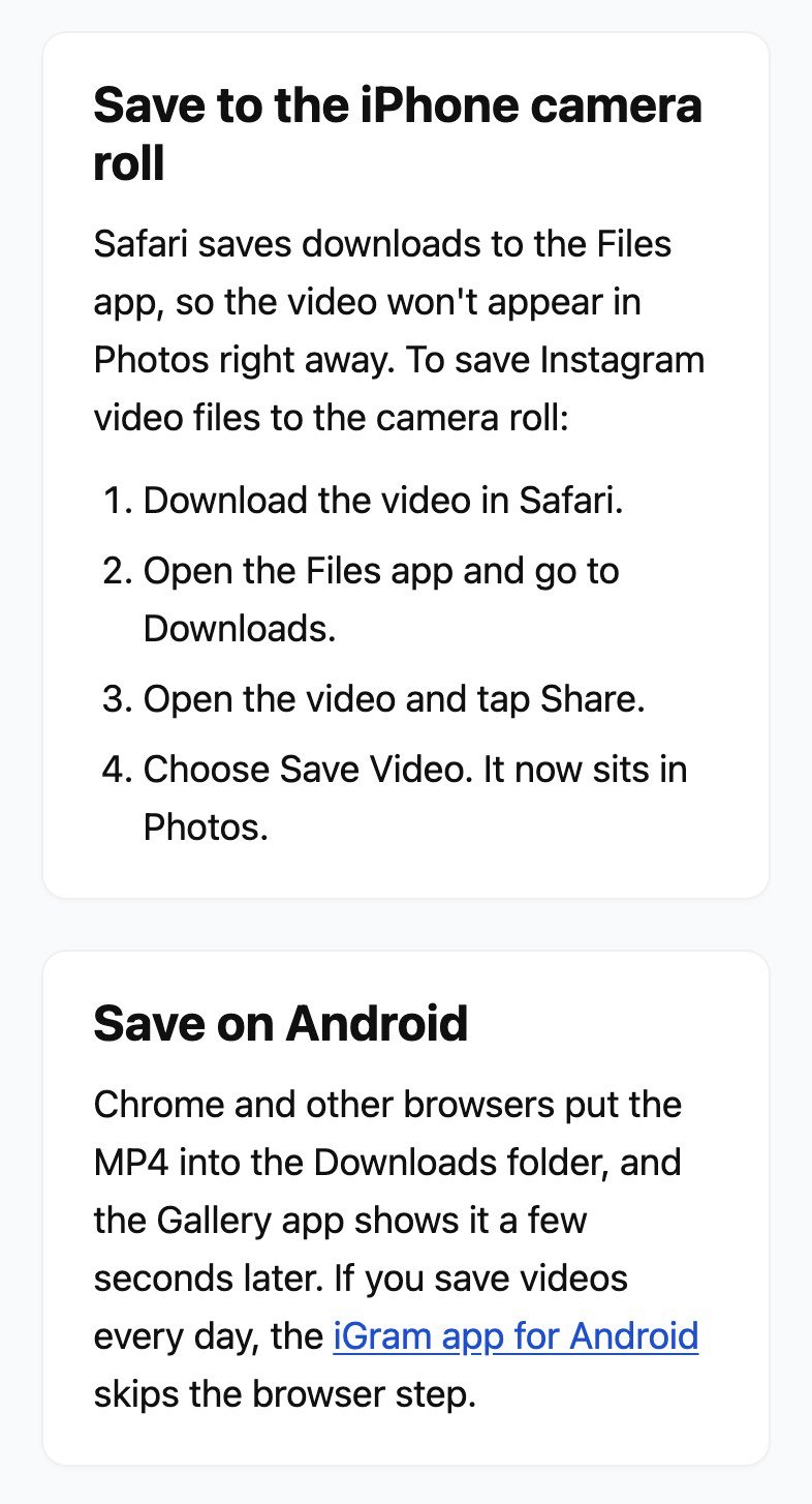 The Save to the iPhone camera roll card on igram.world's video page on 16 October 2026, listing four steps through Safari and the Files app, above the Save on Android card