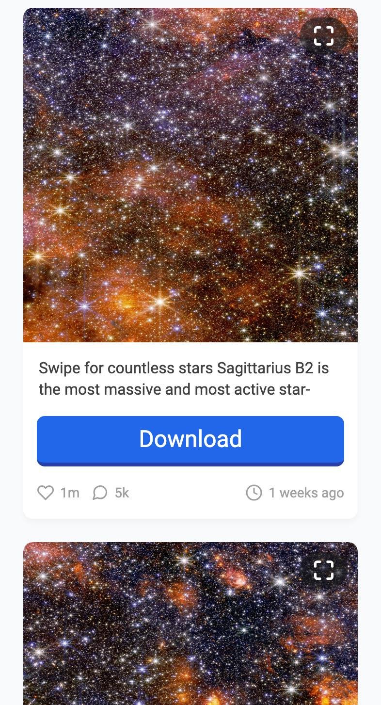 The igram.world profile view for @nasa on 16 October 2026 listing the Sagittarius B2 carousel's slides as separate cards, the first with its caption, a Download button, 1m likes and 1 weeks ago
