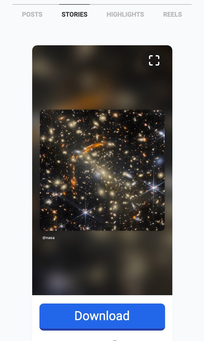 The igram.world Story Saver on 16 October 2026 with the Stories tab selected, showing one @nasa story of a galaxy cluster and a Download button under it