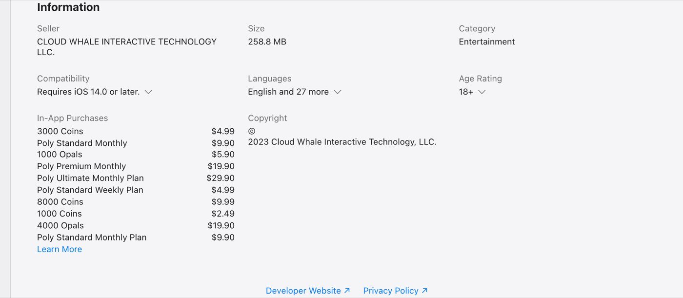 The Information section of PolyBuzz's App Store listing in the Internet Archive's copy of 4 October 2026, viewed on 26 October 2026, listing the seller Cloud Whale Interactive Technology LLC, an 18+ age rating and in-app purchases from Poly Standard Monthly at $9.90 to Poly Ultimate Monthly Plan at $29.90