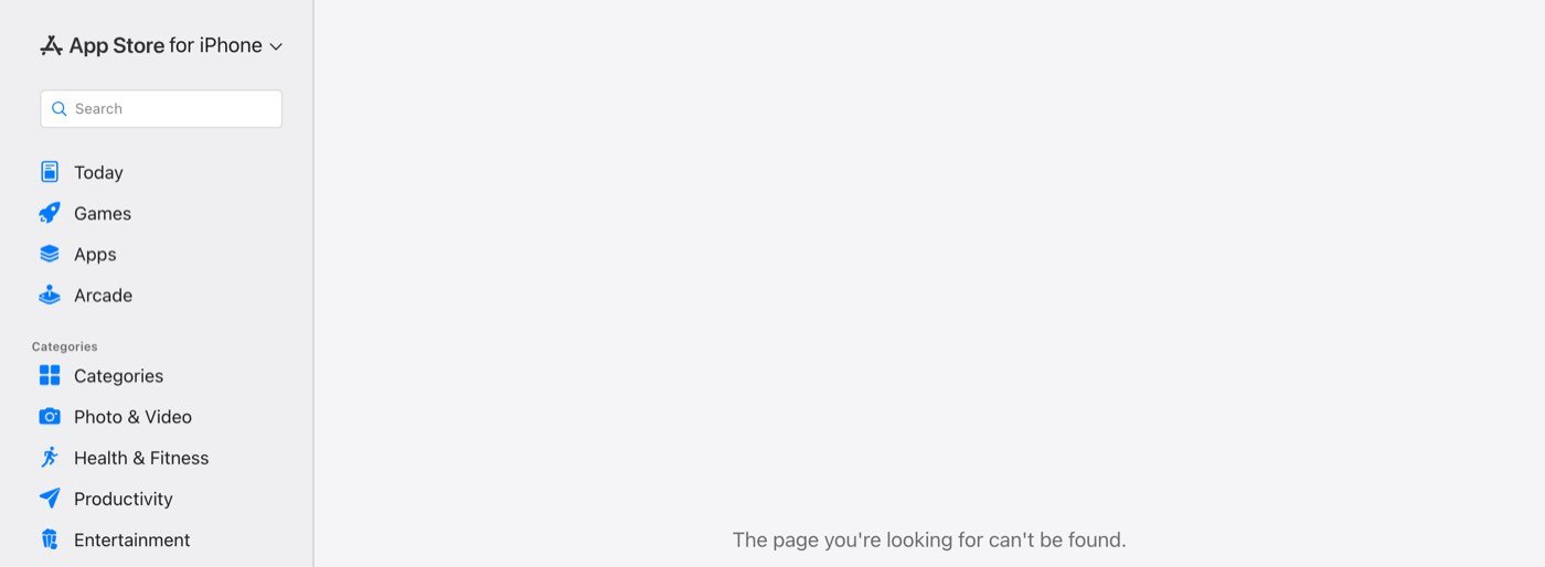 Apple's App Store web page on 26 October 2026 at the address of the PolyBuzz: Chat with Characters listing, showing the App Store for iPhone sidebar and the message The page you're looking for can't be found