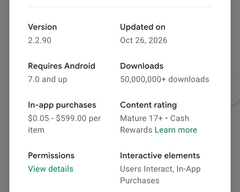 The About this app panel of PolyBuzz on Google Play on 26 October 2026, showing version 2.2.90 updated on Oct 26, 2026, 50,000,000+ downloads, in-app purchases of $0.05 to $599.00 per item, and a Mature 17+ content rating with a Cash Rewards note