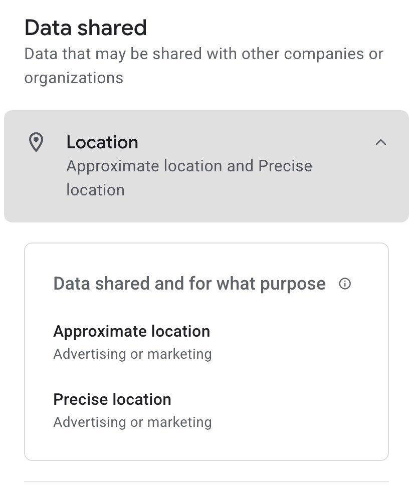 The Data shared part of PolyBuzz's Google Play Data safety section on 18 October 2026, with Location opened to show approximate location and precise location, each for advertising or marketing