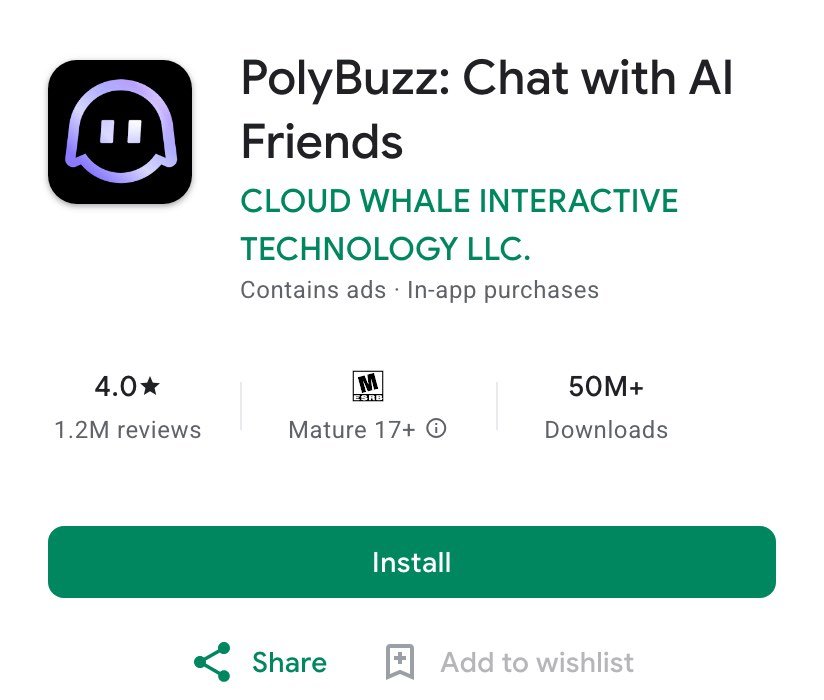 The Google Play listing for PolyBuzz: Chat with AI Friends on 26 October 2026, showing the developer Cloud Whale Interactive Technology LLC, Contains ads, In-app purchases, 4.0 stars from 1.2M reviews, Mature 17+ and 50M+ downloads