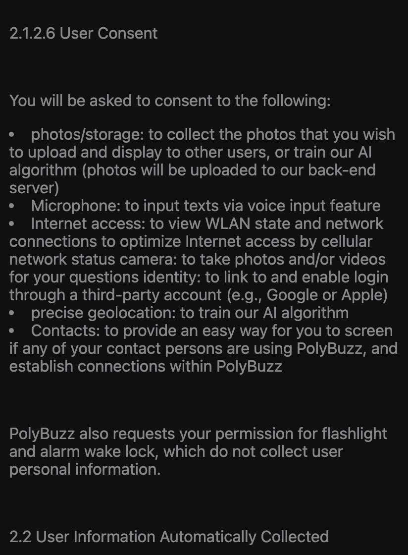 Section 2.1.2.6 User Consent of the PolyBuzz privacy policy on 18 October 2026, listing photos and storage to display or train our AI algorithm, microphone, internet access, precise geolocation to train our AI algorithm, and Contacts
