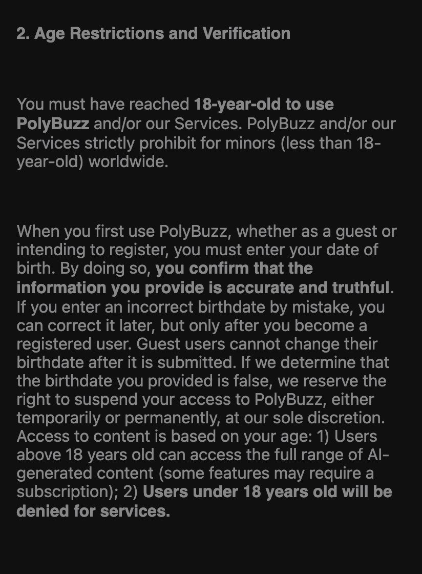 Section 2, Age Restrictions and Verification, of the PolyBuzz terms of use on 18 October 2026: you must have reached 18-year-old to use PolyBuzz, and you must enter your date of birth when you first use it