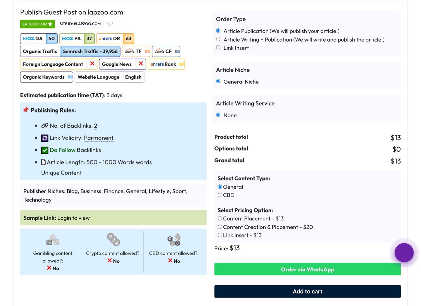 The GuestPostSale listing Publish Guest Post on lapzoo.com on 14 October 2026: DA 40, DR 63, Semrush traffic 39,956, two do-follow backlinks, three-day turnaround, gambling, crypto and CBD content not allowed, price $13, with an Order via WhatsApp button