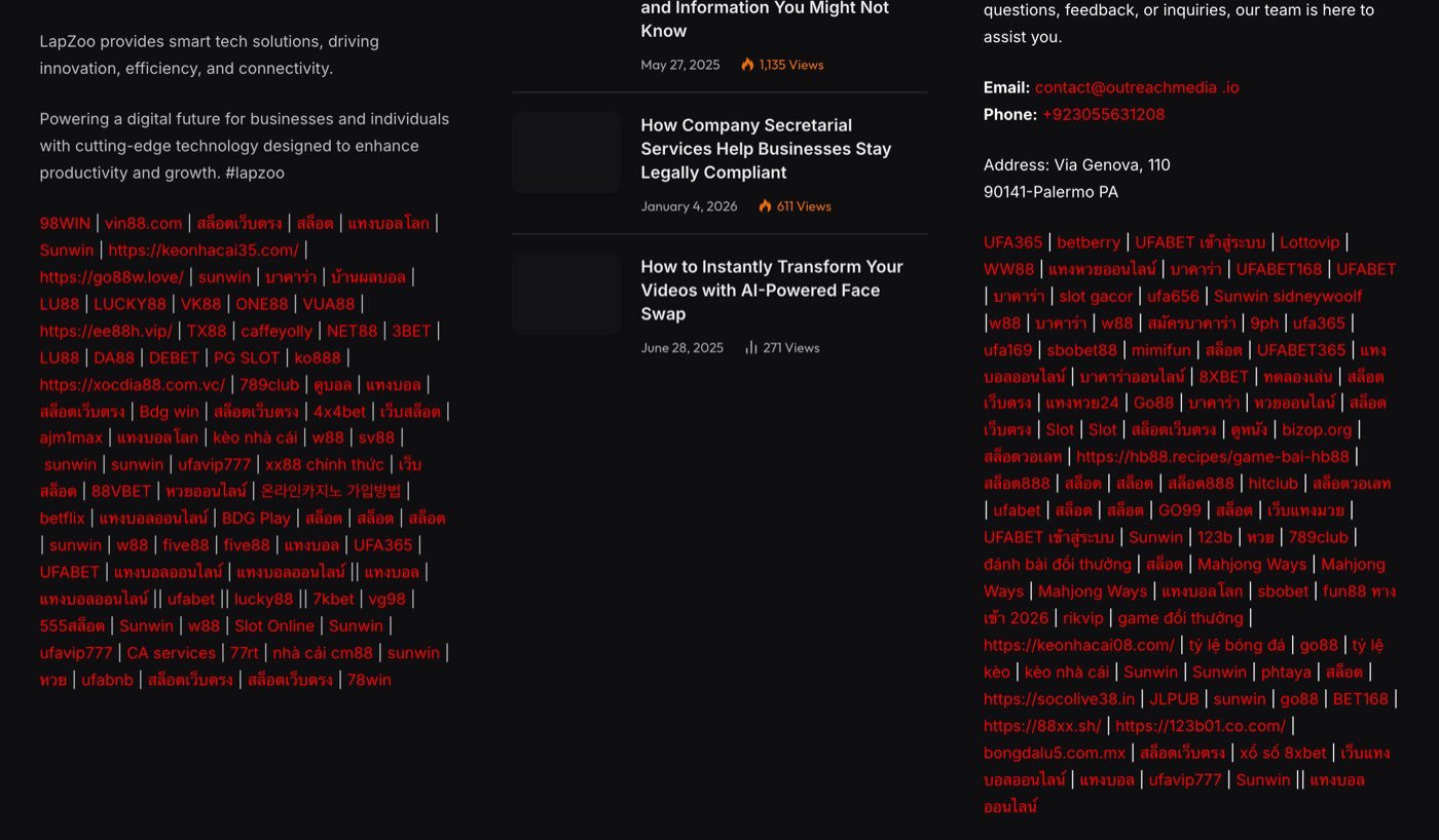 The lapzoo.com footer on 14 October 2026: the LapZoo smart tech solutions blurb followed by columns of red links to slots, baccarat, football betting and lottery sites, beside contact details listing an outreachmedia.io email, a +92 phone number and a Palermo address