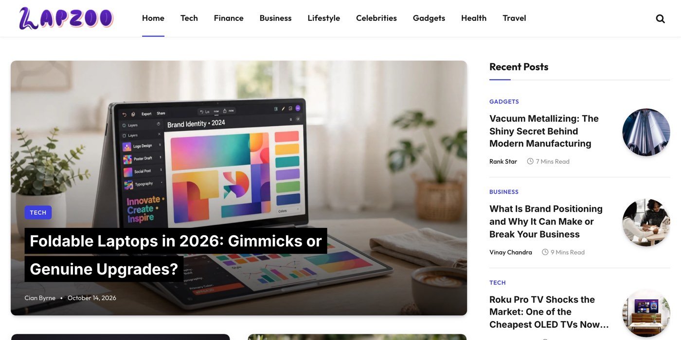 The lapzoo.com homepage on 14 October 2026 showing a featured story, Foldable Laptops in 2026: Gimmicks or Genuine Upgrades?, by Cian Byrne, beside a Recent Posts list