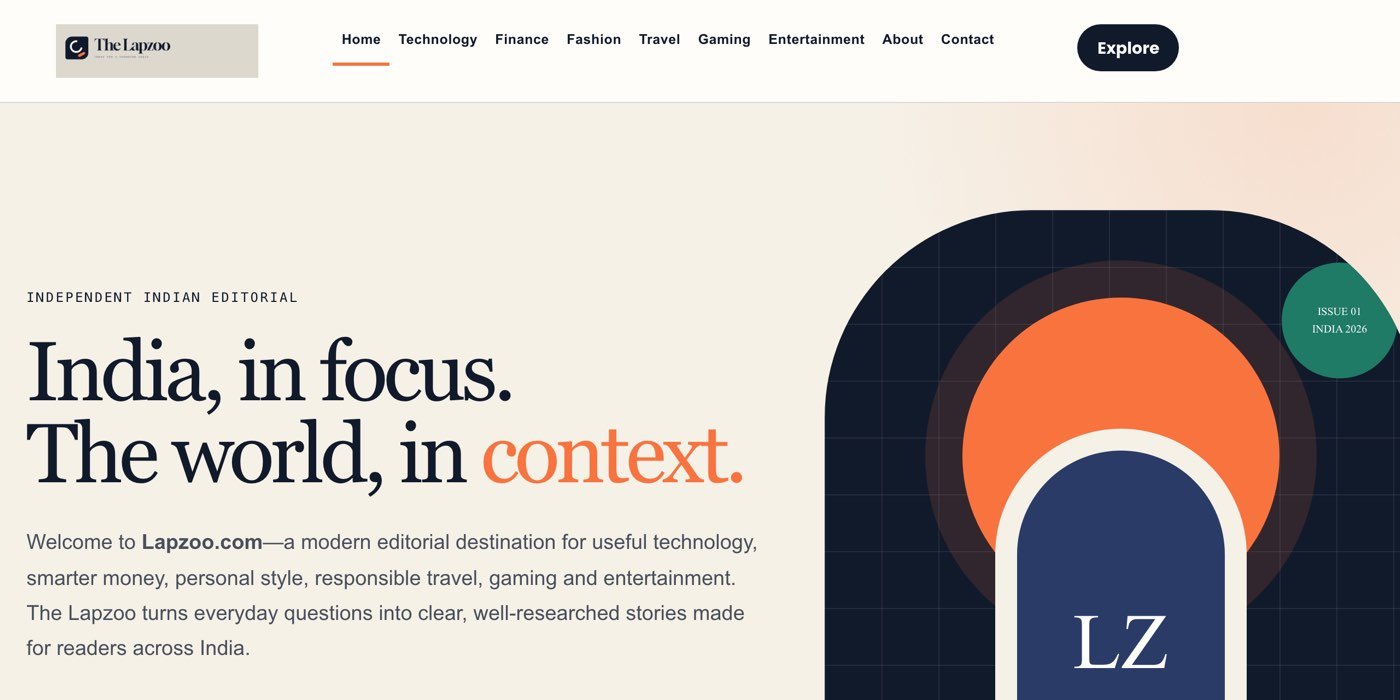 The thelapzoo.com homepage on 14 October 2026, branded The Lapzoo, with the headline India, in focus. The world, in context. and text reading Welcome to Lapzoo.com—a modern editorial destination for useful technology